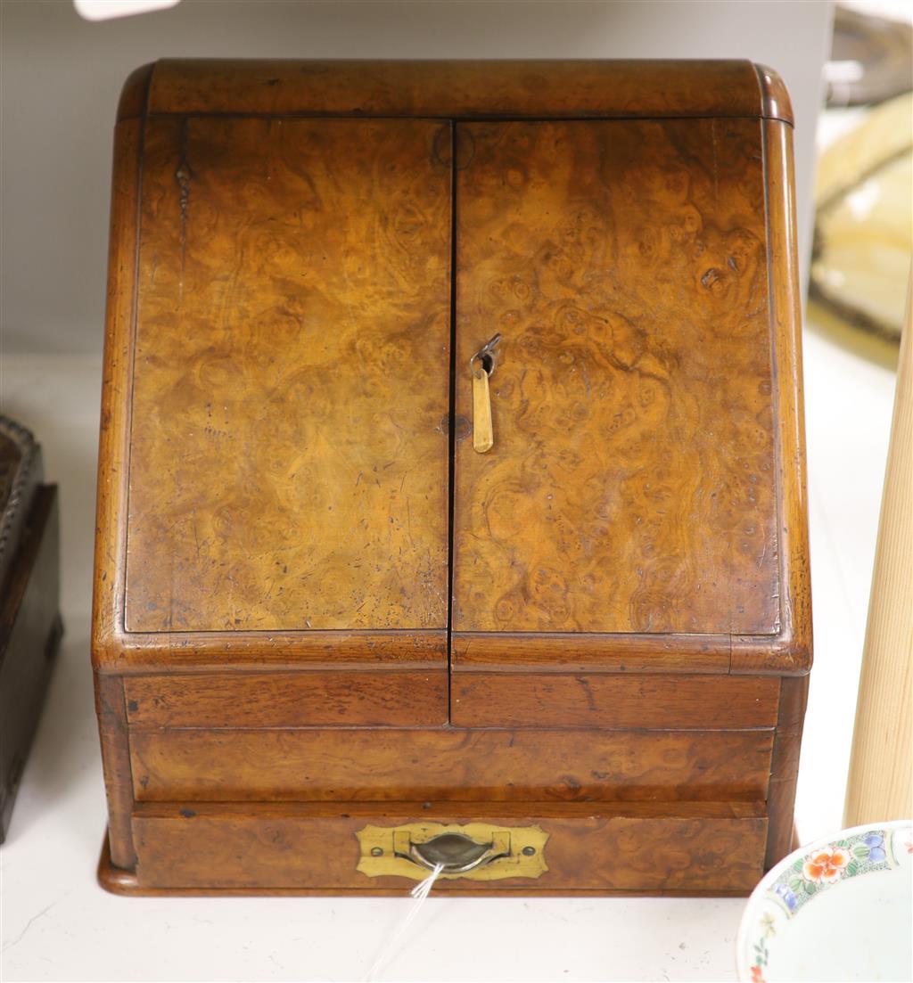 A Victorian burr walnut stationery cabinet, height 33cm, width 33cm